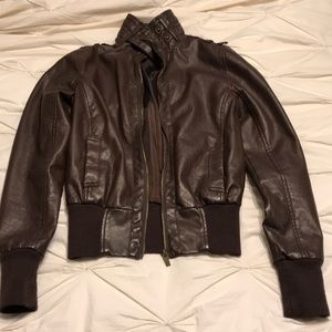 Bomber style brown faux leather jacket
